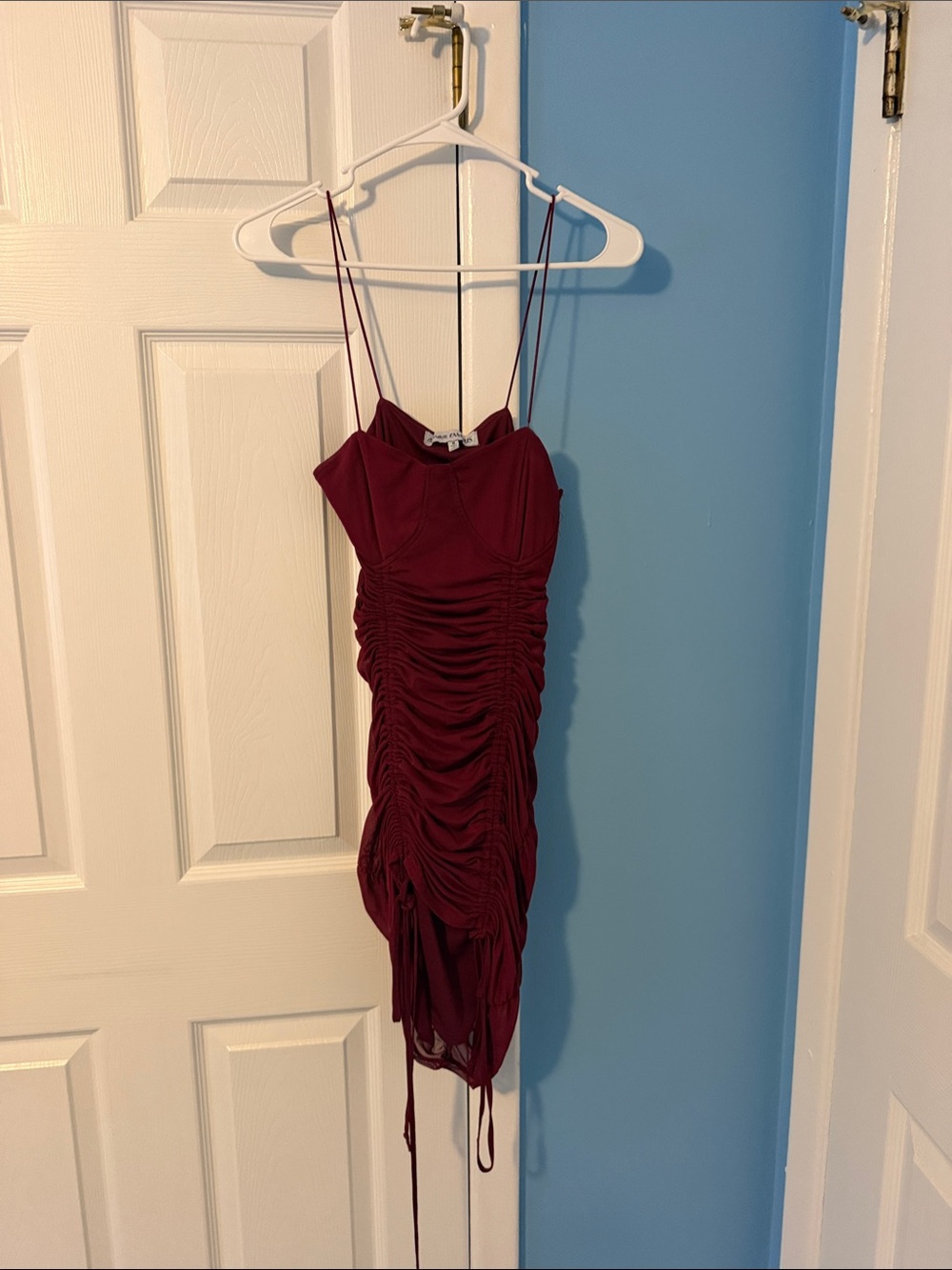 Almost Famous Wine Ruched Spaghetti-Strap Mini Dress